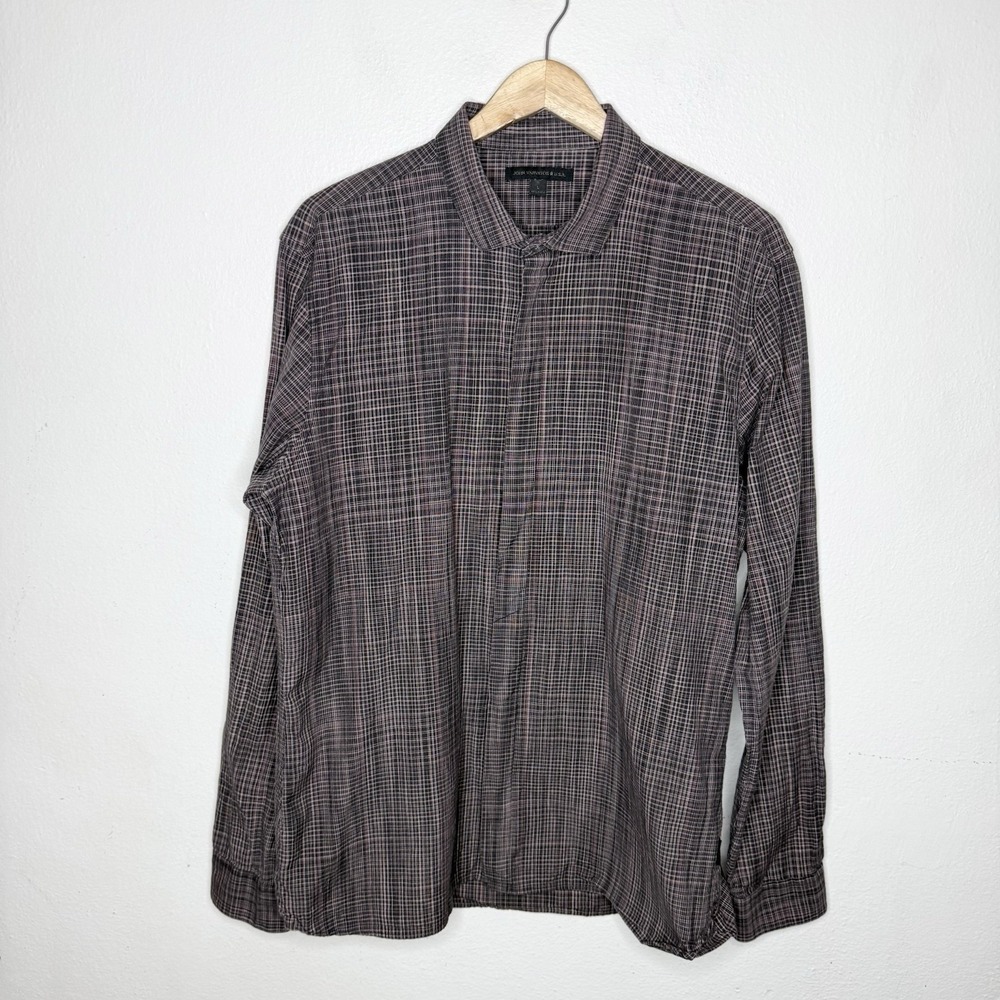 John Varvatos USA Brown Pink Stripe Plaid Button Up Cotton Men's Large
